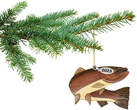 Челичен риболов на виножито за риболов Божиќна украс 2023 Дво-тон дрвен Божиќен украс, дизајн на интарсија, украси за пастрмка, Божиќни