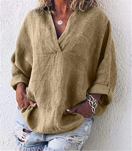 Andongnywellенска маица V-врат маица Обични врвови лабави кошули со долги ракави Туника пуловер Туника кошула