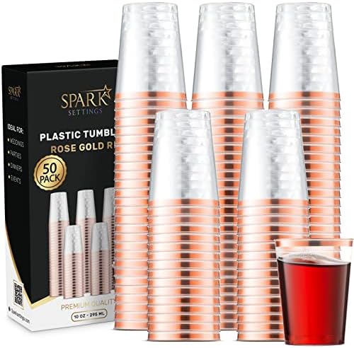 Sparksettings розово злато пластични чаши за еднократна употреба, 50 пакувања 10oz Елегантни чисти партии, цврсти пластични тимови