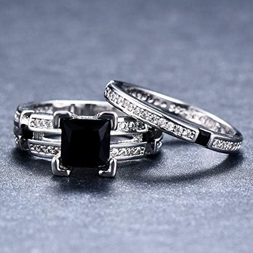 Романтична loveубов принцеза исечена црна сафир cz свадба прстен сет 925 сребрен накит
