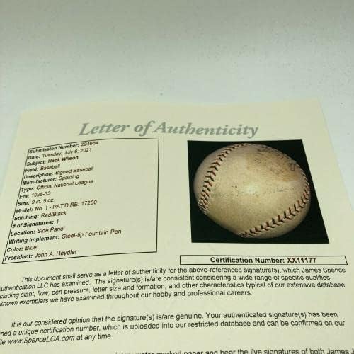 Сингл на Хак Вилсон потпишан во 1928 година Официјална Национална лига Бејзбол ЈСА Коа ретки - автограмирани бејзбол