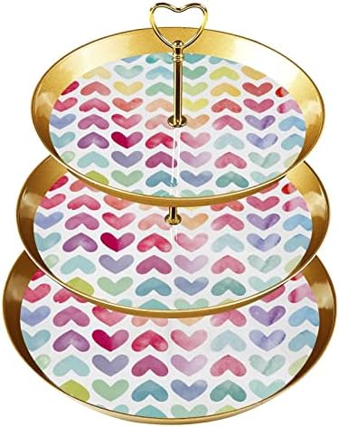 3 Ниво Кекси Стојат Со Злато Прачка Пластични Нивоа Десерт Кула Послужавник Акварел Срца Шема Овошје Бонбони Дисплеј За Свадба Роденден