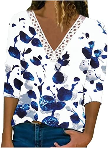 Женска модна цветна печатена маица против вратот од вратот чипка на врвови со лекови на 3/4 ракави блузи 2023 летни кошули