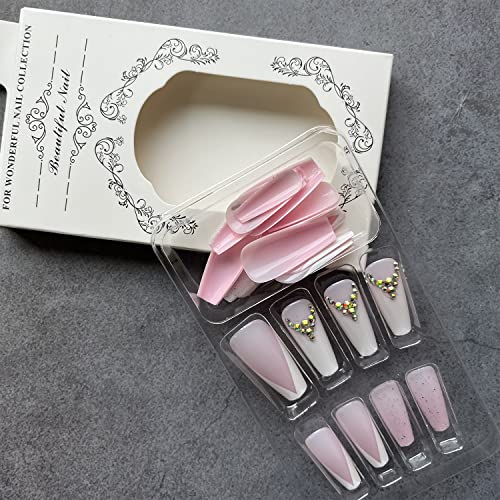 Француски совет притискајте на ноктите долги ковчези розови лажни нокти со rhinestones градиент дизајни лажни нокти акрилни декорации на ноктите