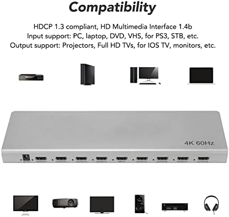 4K HD Мултимедијален интерфејс Сплитер, алуминиумска легура 4K HD мултимедијален интерфејс дистрибутер 1 во 8 Out Multifunction Mini за ДВД за