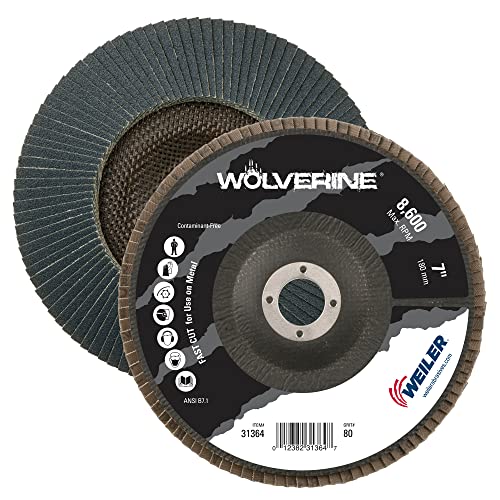 Weiler 31364 Wolverine 7 x 7/8 Arbor Doad Abrasivel Flap Disc, 80 Git Zirconia Alumina, Bevel Type 29, фенолна поддршка, стандардна густина, направена