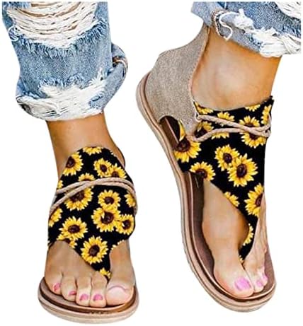 Xipcokm жени летни рамни сандали мода сончоглед печатени чевли клип-пети против лизгање на флип апостолки