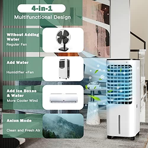 Ладилник за испарување на Дортала, 4-во-1 преносен ладилник за воздух со вентилатор, навлажнувач и анјон, 4 режими на ветер, 12L