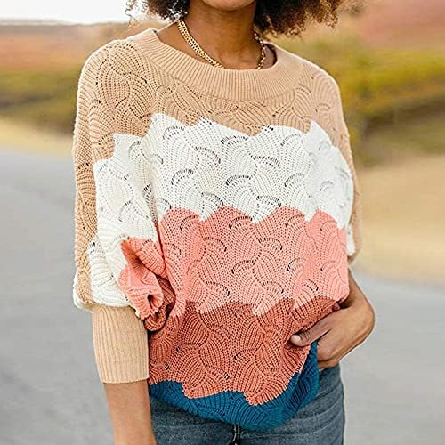 Џемпери на пуловер за жени шупливи крпеници со патеки плетени долги ракави лабава блуза случајна каваи породилна скокач