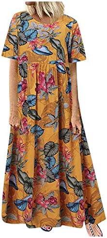 Облечи краток ракав, жени плус големина О-врата цветни печати гроздобер краток ракав долг макси фустан