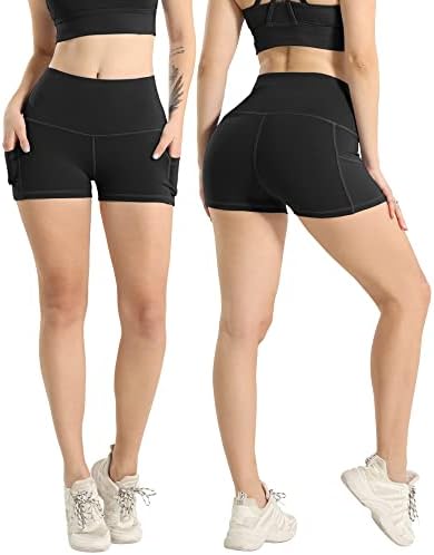 Lzyvoo 4 пакет Spandex шорцеви за жени со џебови, женски високи половини јога тренинзи за плен шорцеви