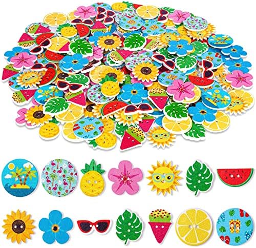 200 парчиња летни обичај за занаетчиски копчиња за шиење, хавајски очила за сонце од лубеница од ананас во форма на цвет, дрвени копчиња, копчиња