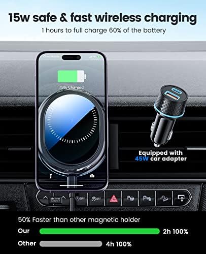 Полнач за безжични автомобили Heggcooe Magnetice, 15W Брзо полнење компатибилен со Magsafe Car Mount Charger Air Vent Tephn Tepnle за iPhone