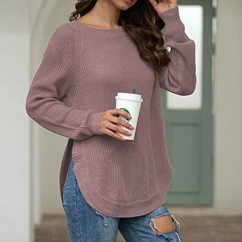 Женски џемпер моден обичен неправилен полите Високо разделен тркалезен врат со долги ракави пулвер цврста боја џемпер