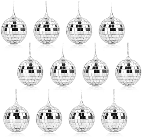 12 парчиња 2 инчи огледало диско топка што виси, сребро стакло мини диско топки забава Декорација за виси диско огледало украси рефлексивни