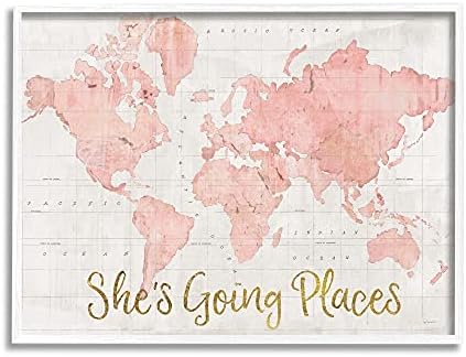 Stuple industries Таа оди на места Цитат розова акварела светска мапа, дизајн од Сју Шлабах Бела врамена wallидна уметност, 16 x 20,