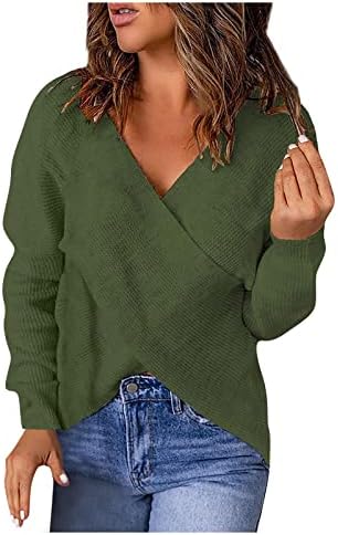 Женски обичен цврста боја V-врат лабава плетена џемпер со ребрести фустани