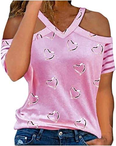 Врвови за кратки ракави за жени ， модна loveубов печатена печатена кошула лабава удобна мека маици V-вратот за кратки ракави на вратот