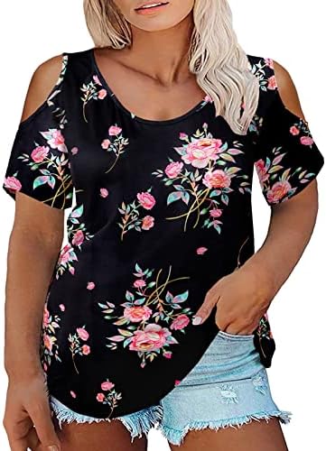 Светло блузи жени плус големина на врвови со кратки ракави кошули o вратот без ремен туника цветна/вратоврска боја/печатење лето