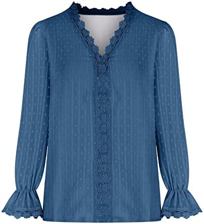 Женска чипка долга ракав шифонска кошула обична чипка длабока V-врат Туника врвови мода цврста лабава удобна маичка блуза Топ