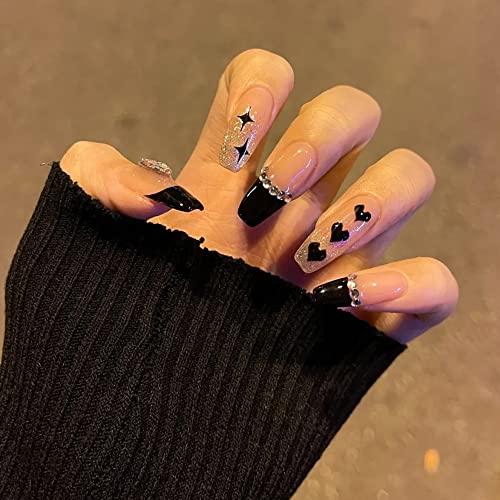 Sither 24 парчиња црна шема лажни нокти долги ковчези лажни нокти сјајно лепак на нокти за жени девојки подарок за уметност за нокти на