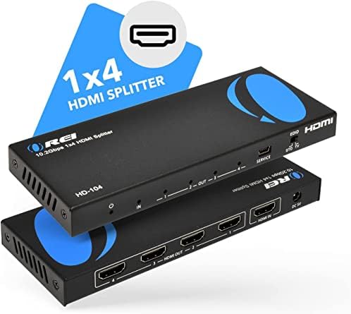 4K 1x4 HDMI Сплитер од OREI - 1 порта до 4 HDMI дисплеј дупликат/огледало - напојување со сплитер VER 1.4 Сертифициран за целосна