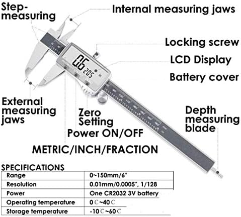 Алатка за мерење на Zuqiee, дигитален дисплеј со не'рѓосувачки челик, дигитален дисплеј Верниер Калипер Електронски Калипер 0-150мм