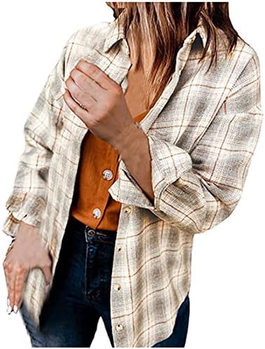 Женска карирана јакна од шишиња преголема четка со фланел лаппел копче надолу кардиганска кошула со долги ракави тенки јакни палта