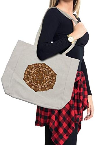 Амбесон Тан и кафеава торба за купување, гроздобер украсен цветен мандала тркалезен мотив од култура, еко-пријателска торба за еднократна