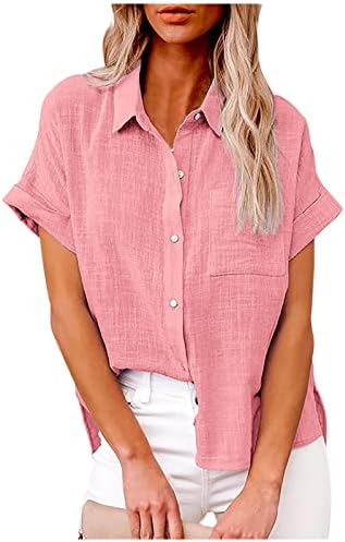LCEPCY летна обична маица за жени плус големина Хенли кошула копче надолу со блуза со кратки ракави цврсти врвови на туника со џеб