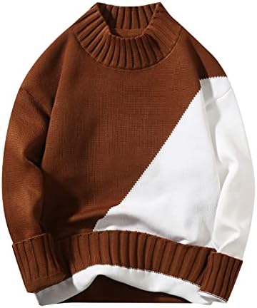 Менс џемпер обичен долг ракав во боја контраст тркалезен џемпер за машки џемпер од маж, лабав пулвер, влечете ги мажите