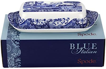 Spode Blue италијанска колекција путер за чинија | Направено од порцелан | Јадење со путер со капак | Покриен чувар на путер за
