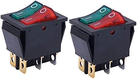 XJIM 2PCS AC 250V/16A, 125V/20A Црвено и зелено копче со светло Вклучено/Исклучено DPDT 6 PIN 2 SWITCH