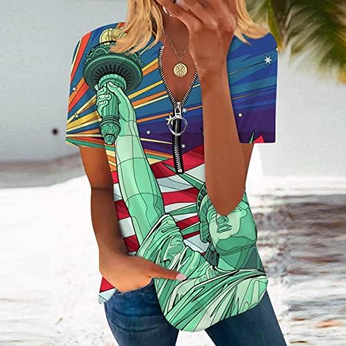 ПТЈКУ Женска Четвртина Патент Пуловер Обични Блузи Со Кратки Ракави Кошули За Летниот Ден На Независноста Лабави Модни Туники