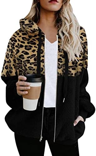 Cokuera женски моден преголем палто со качулка каузално нејасно руно леопард печатење на ракави џебови џебови за џебови за џебови