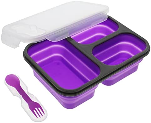 Creekview Home Emporium Conthapsible Food Container - Purple Bento Runch Box со 3 прегради и сребрени производи во капакот