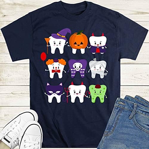 Среќна кошула за заби на Ноќта на вештерките, стоматолошка кученца, кошула за подароци за стоматолог за Ноќта на вештерките, плашлив