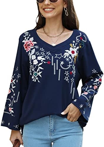 Lauraklein женски бохо извезени врвови цветни џемпери со долги ракави, обичен пулвер, лабава мексиканска блуза со качулка
