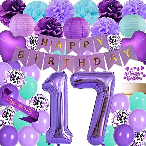 Виолетова Декорација За Забави ЗА 17 ти роденден Обезбедува Виолетова тема Среќен Роденден Торта Со појас Топер 40 инчни Балони