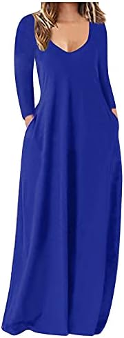 Fragarn женски обичен лабава цврста боја долга фустан секси длабок V врат со долг ракав фустан