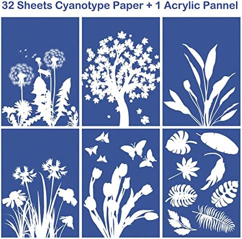 32 листови цијанотип хартија со 1 акрилна плоча, комплет за хартија за печатење A5, соларна хартија за хартија за печатење на хартија