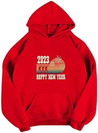 Oplxuo Среќна Нова Година 2023 Дуксери За Жени Графички Врвки Со Врвки Со Долги Ракави Дуксер Со Качулка Моден Пуловер Блуза Блузи