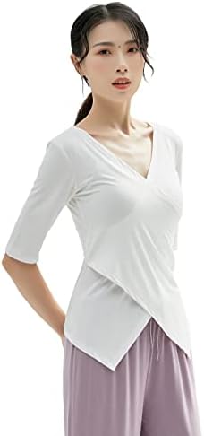 Angенски женски секси длабок v врат на вратот половина ракав вкрстена обвивка Неправилна маичка со маички од маица Туника на врвови на