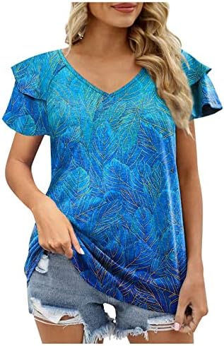 Врвови за жени летна мода 2023 година, новите врзани маица со боја слоевит ракав симпатична блуза лажичка вратот плажа обични кошули