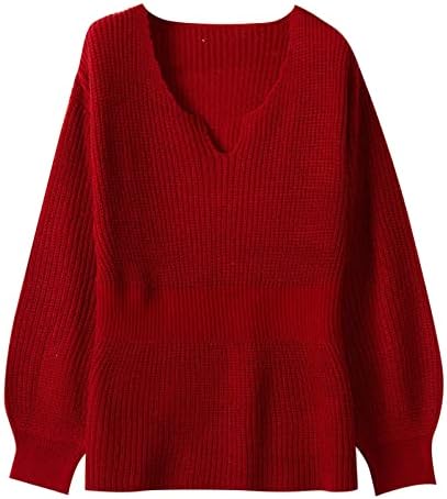 Џемпер за жени секси v кабел за вратот плетен пулвер џемпер солиден случајн лесен ракав тенок фит џумер врвови кошула црвена