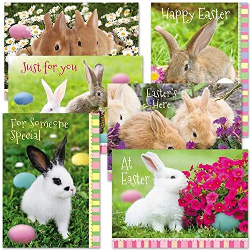 Фото зајаче Велигденски картички - Сет од 12, 5 x 7 инчи, вклучени коверти, инспиративни пораки, одлични за деца среќни велигденски белешки