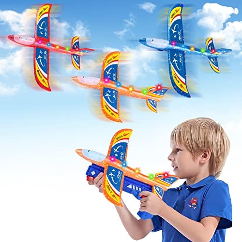 Детски играчки подарок 3 пакуваат играчки за фрлање авиони за 4 5 6 7 8 9 10 11 12+ годишни момчиња, предводени светлосни авиони со 3 комплети