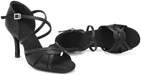 SWDZM женски латински танцувачки чевли сатен професионална салса салса вежбаат чевли за танцување, модел ЕМ-3037