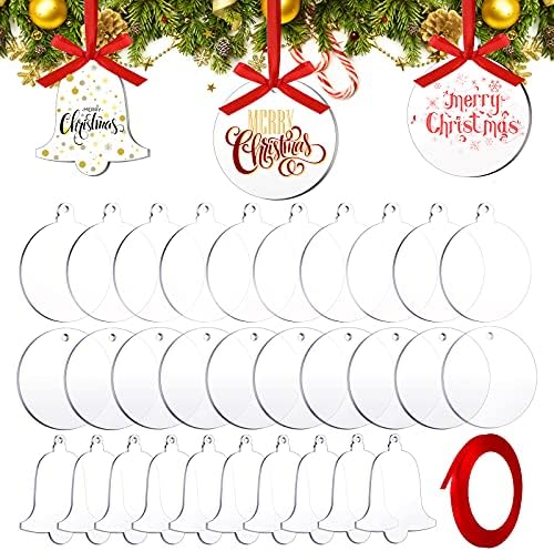 31 парчиња јасни акрилни Божиќни празни украси со црвена лента акрилна елка што висат украси DIY чисти празно кружни дискови за Божиќно дрво
