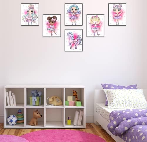 Кукла Тематските Ѕидни Уметнички Отпечатоци Постери За Девојки Соба Сет од 6 Необликувани Розова Спална Соба Декор За Девојки Еднорог
